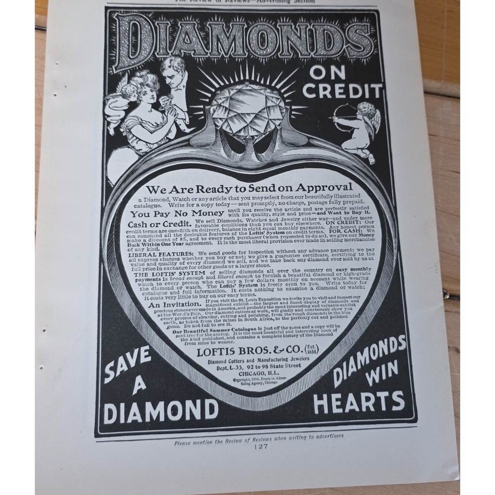 1903 + 1904 Loftis Bros & Co Diamonds On Credit Print Ad Chicago Jewelry Art x 3